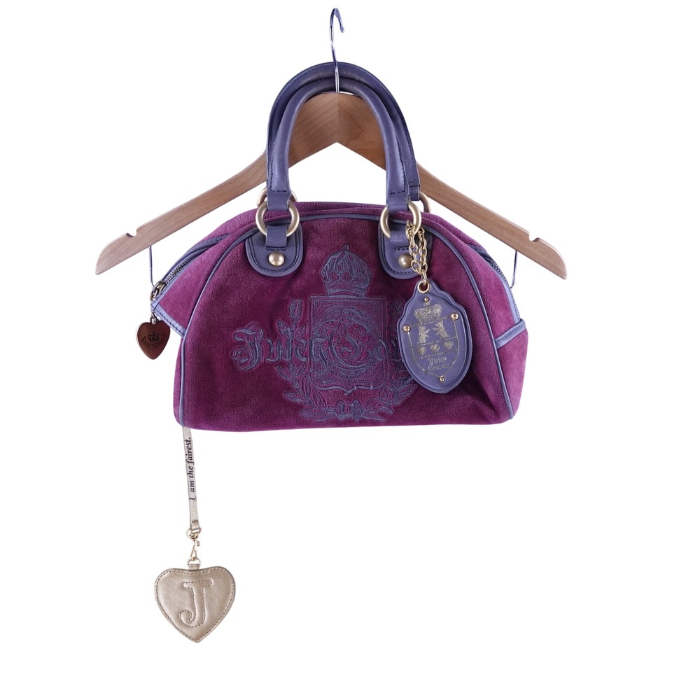Juicy Couture Velour Bowler Bag Purple Grey Leather Trim Vintage Y2K Crest